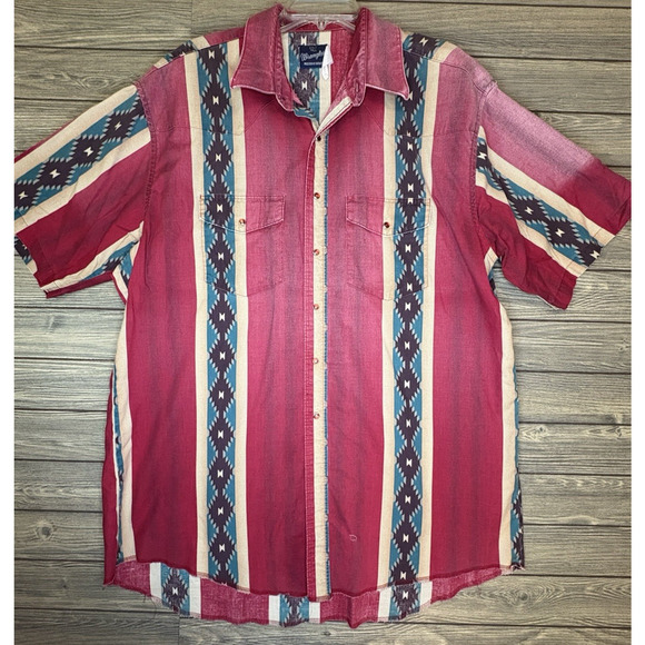 VINTAGE Wrangler Aztec Button Down Shirt Adult XXL Tall Red Western Pockets Mens - Picture 1 of 13